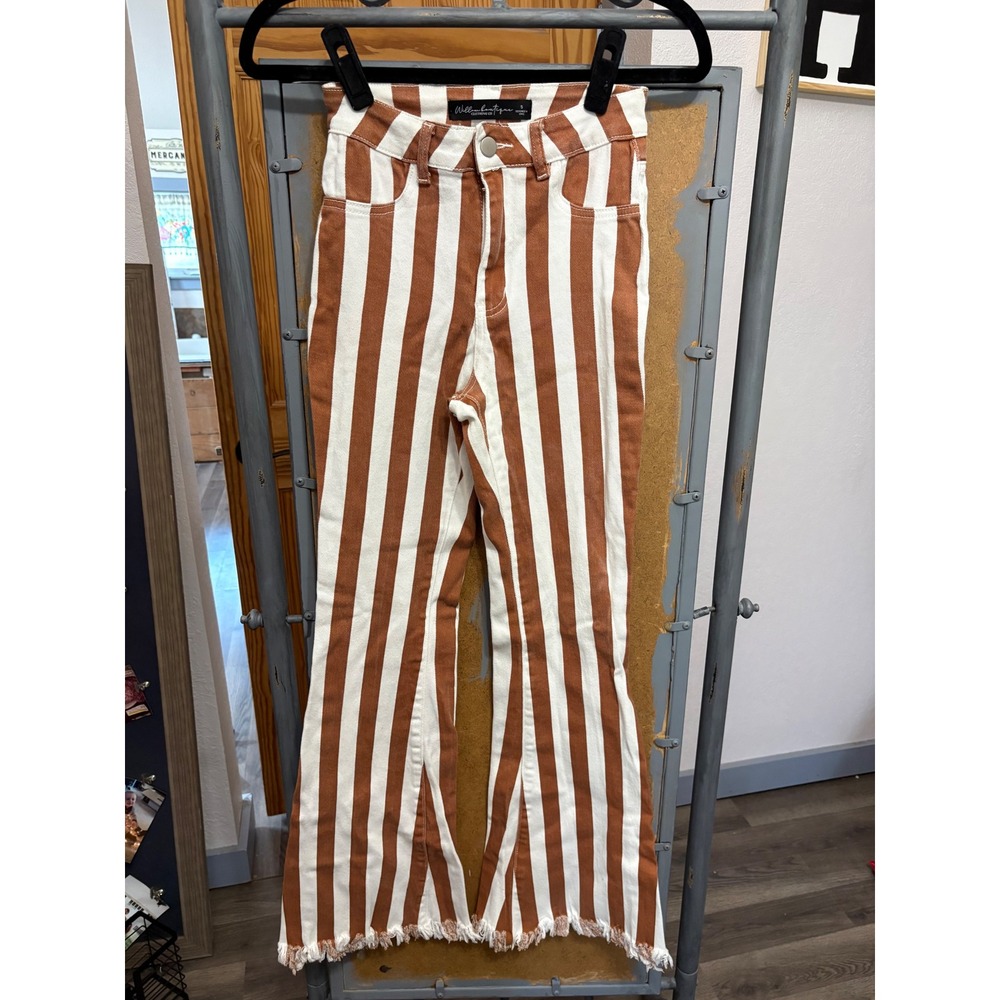 Willow Boutique Striped Flare Jeans Rust White High Waist Bell Bottoms Small